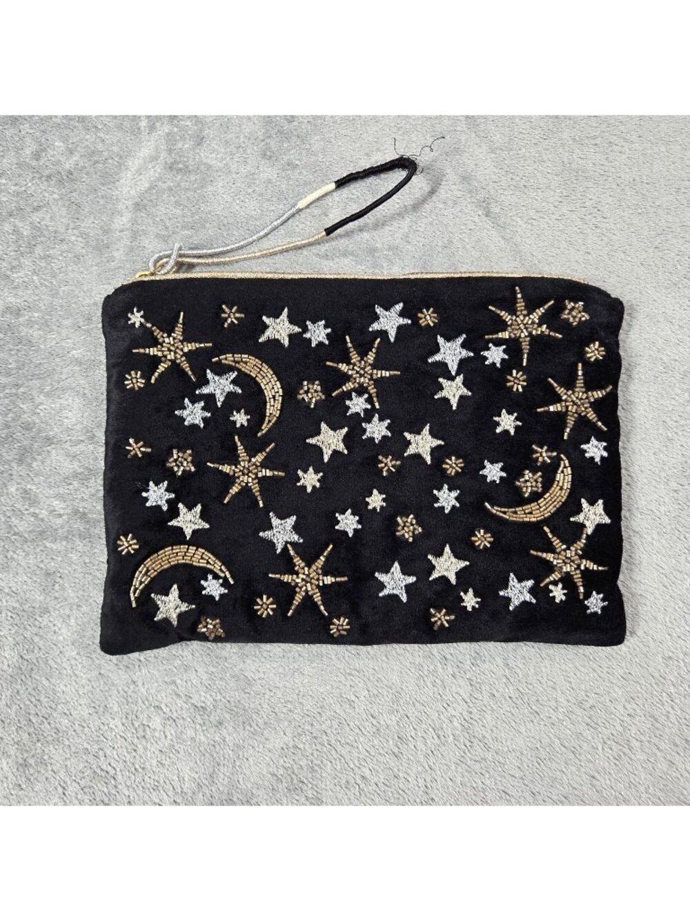 Printfresh Pouch Clutch Black Celestial Beaded Velvet Makeup Travel Toiletries
